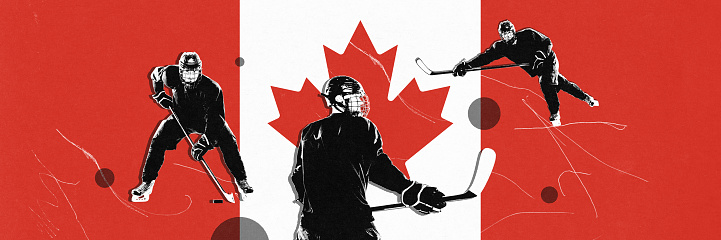 Man, professional hockey player i representing team of Sweden in international competition. Concept of sport, championship, tournament, match. Creative design, poster for sport event. Grainy effect