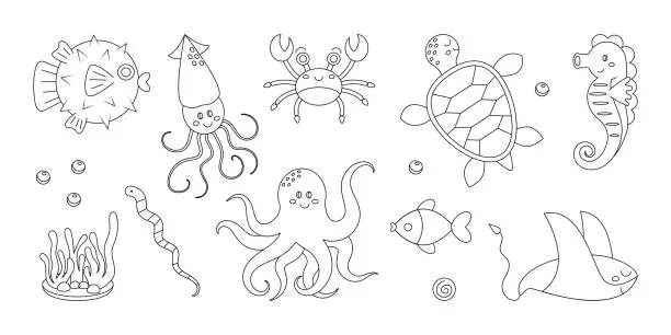 Vector illustration of Sea animals coloring page.