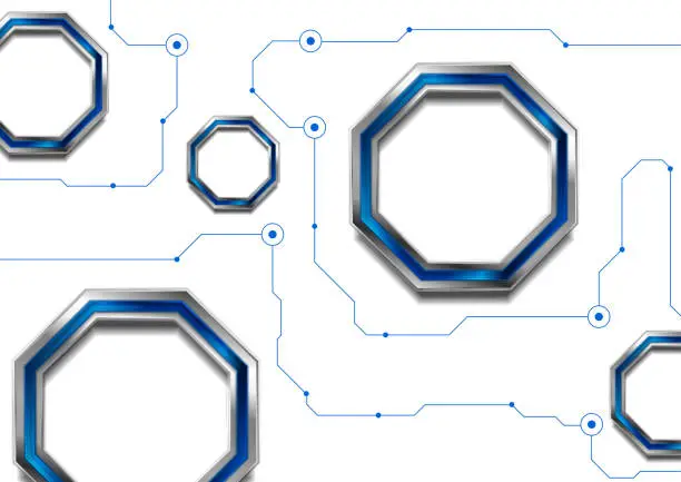 Vector illustration of Metallic and blue glossy octagons and connection lines technology background