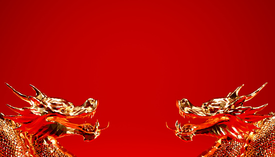 Gold dragons on red background with copy space. Year of the dragon Chinese new year 2024 concept. Golden dragons facing each other backdrop, 3d render.