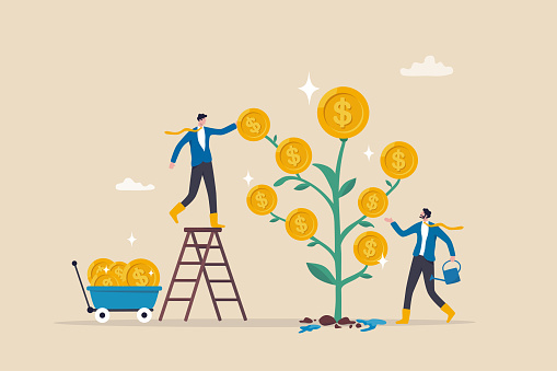 Investment growth, wealth management or savings to gain interest, passive income or harvest profit or dividend, earning money or prosperity concept, businessman help grow money and harvesting profit.