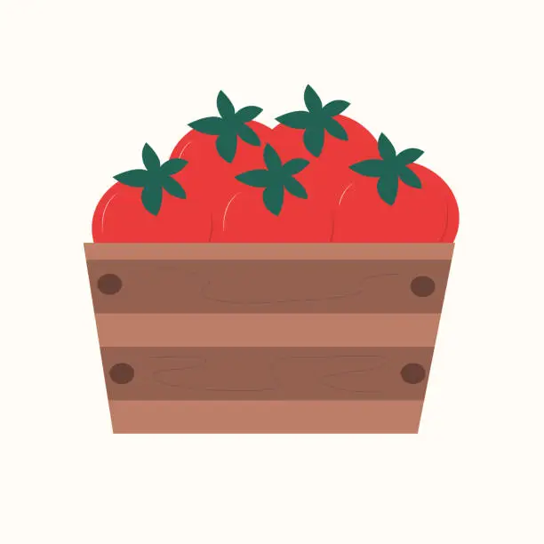 Vector illustration of tomatoes in wooden box. Vector illustration in flat style.