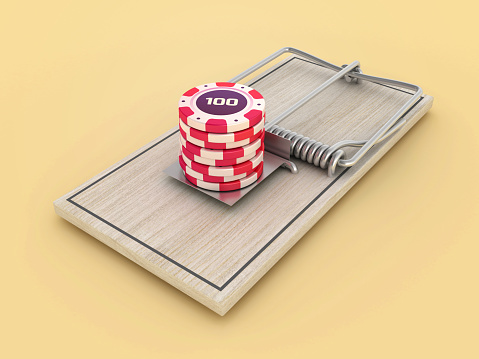 Mouse Trap with Casino Coins - Colored Background - 3D Rendering