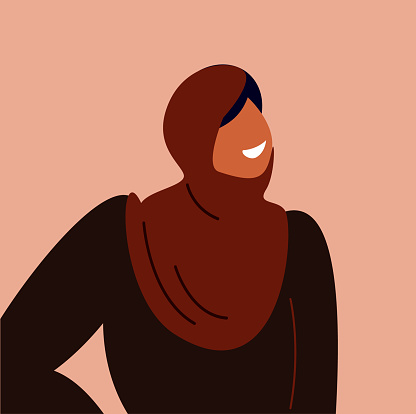 Positive Arab woman in hijab, Islam head scarf. Happy smiling Arabian girl wearing headwear, kerchief. Happy female character portrait. Modern Saudi female portrait. Flat vector illustration