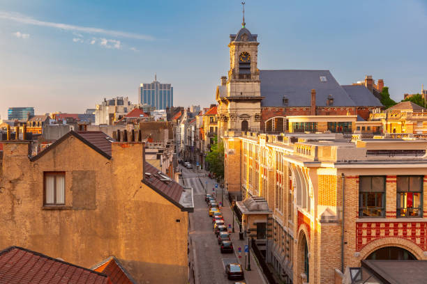 Aerial view of typical belgian houses at sunset in Brussels, Belgium