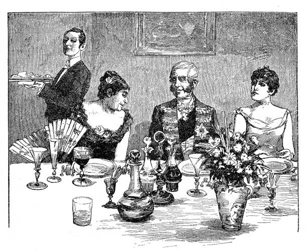 Gossip shared at the table, while the waiter is eavesdropping Gossip shared at the table, while the waiter is eavesdropping old ladies gossiping stock illustrations