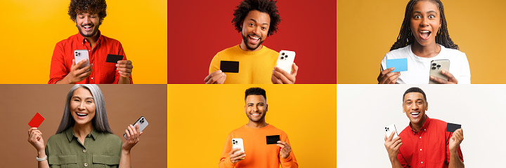 A diverse group of individuals each holding a credit card and smartphone, their faces expressing excitement and surprise. The modern consumer's interaction with digital banking and online shopping.