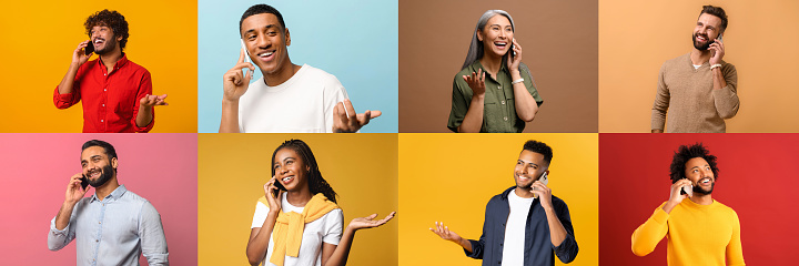 This collage presents individuals of different ages and ethnicities, each engaged in a phone conversation with varied expressions of happiness and engagement