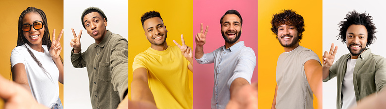 Group of individuals taking selfies while flashing the peace sign, set against a variety of brightly colored backgrounds, connectivity and sharing happy moments, as each person radiates positivity