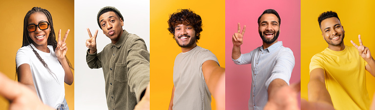 A series of individual self-portraits featuring five different people, each making a peace sign with their hand. This collage exudes a carefree and joyful vibe against a colorful background