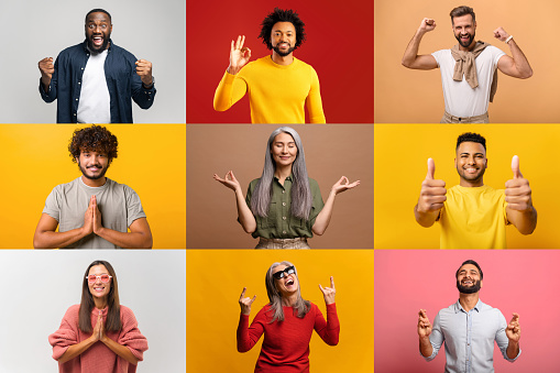 A collection of joyful individuals each displaying a unique gesture of celebration or calm against vividly colored backdrops. The composition celebrates positivity and well-being