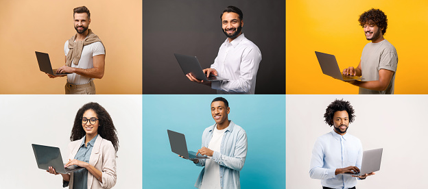 Collage captures a bright, upbeat mood with six individuals confidently holding laptops, likely symbolizing mobile and connected nature of modern work and life where technology is a constant companion