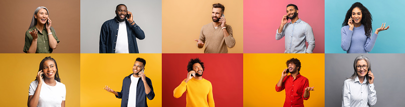 A lineup of joyful people from various ethnic backgrounds posing with smartphones, displaying emotions from excitement to casual confidence, set against vibrant solid-colored backgrounds