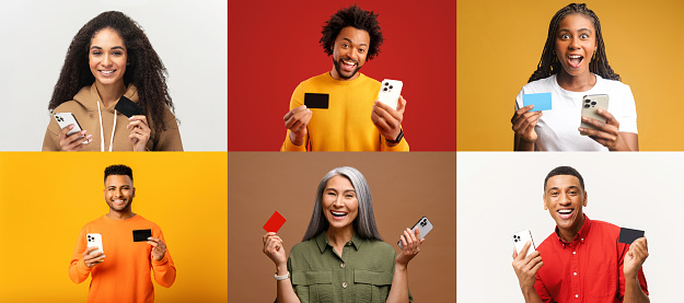 A vibrant array of individuals engaging with their smartphones, some with credit cards, suggesting a world of digital finance and connectivity