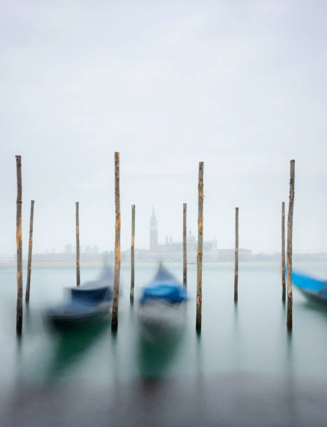 Gondolas in a row at dawn on St Marks basin, Venice