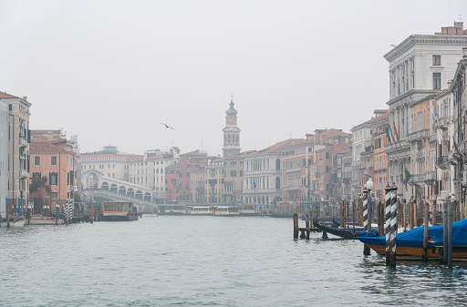 A misty day in Venice, and this is the view looking down the Grand Canal towards the famous Rialto Bridge.