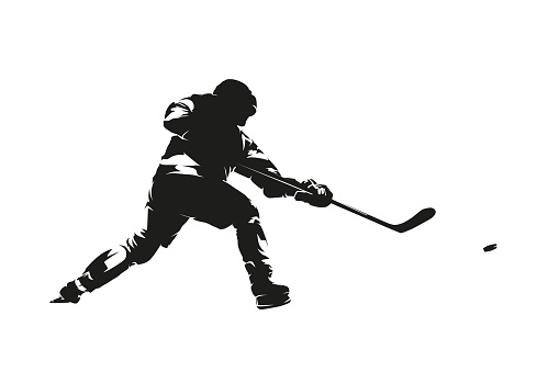 Ice hockey player shooting puck, isolated vector silhouette
