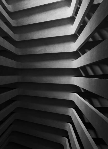 istock Black and white. Beautiful modern concrete abstract architectural design. Black and white striped stairs. 3D rendering illustration. Architectural background 1972443133