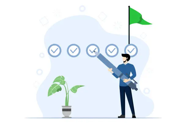 Vector illustration of Project tracking concept, goal tracker, businessman project manager holding big pencil to check completed tasks in project management, task completion or checklist to remind project progress concept.