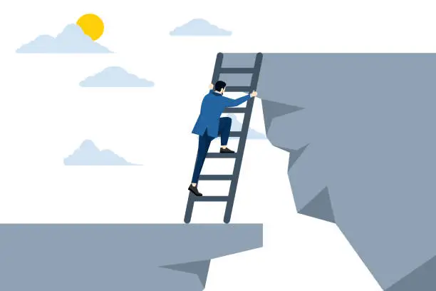 Vector illustration of The concept of solving a problem, motivation for business development, the belief that entrepreneurs climb the ladder to rise to a higher level, courage to overcome difficulties or obstacles.