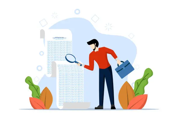 Vector illustration of Document checking concept, businessman manager holding document paper checking big magnifying glass, contract approval or validation, financial or budget analysis, searching document file concept.