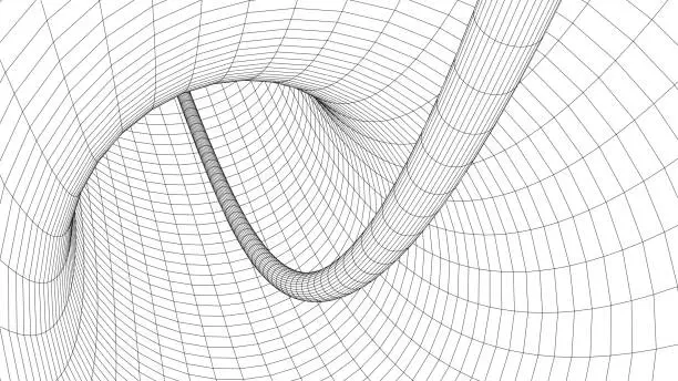 Vector illustration of Wireframe abstract tunnel. 3D vector wormhole with a mesh structure. Vortex. Vector perspective grid.
