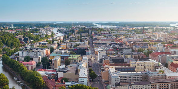 Aerial view of central Turku in southwest Finland in summer.