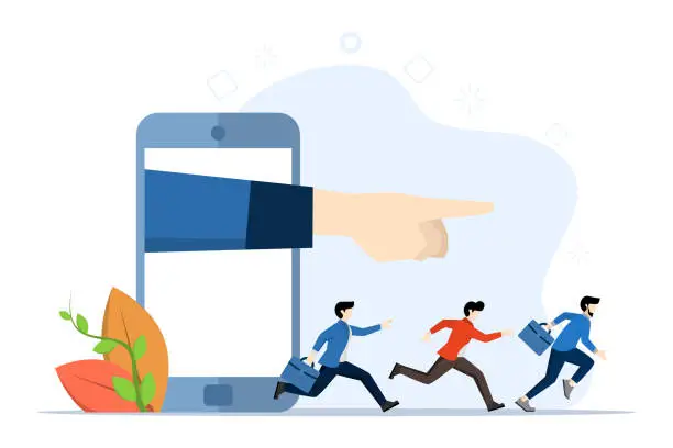 Vector illustration of Thought leadership concept, hand pointing from mobile with people following the path, key influencer or opinion leader, KOL, social marketing to lead advertising campaign or influencer concept.