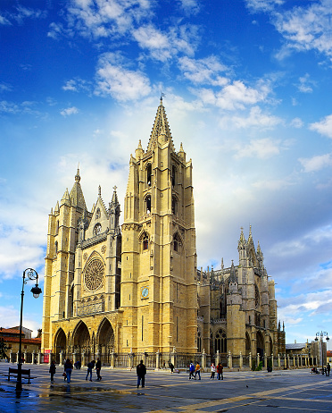 Cathedral of Leon, Spain, Europe. The large Gothic cathedral on the square in the evening light
