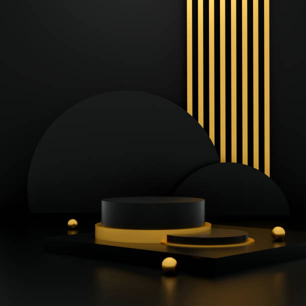 istock Minimal modern empty cylinder pedestal for product showcase on a blak rocks background stage. Mockup template. 3d illustration 1972485087