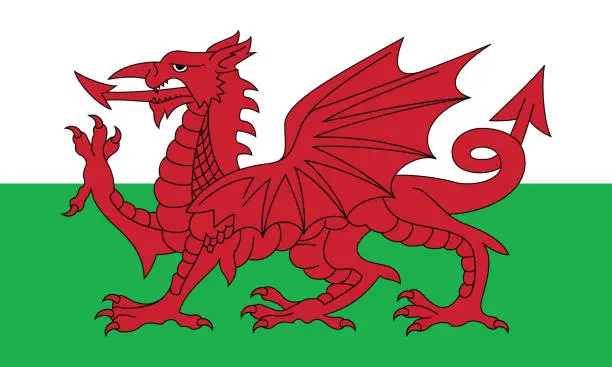 Vector illustration of Wales flag. Flag icon. Standard color. Standard size. A rectangular flag. Computer illustration. Digital illustration. Vector illustration.