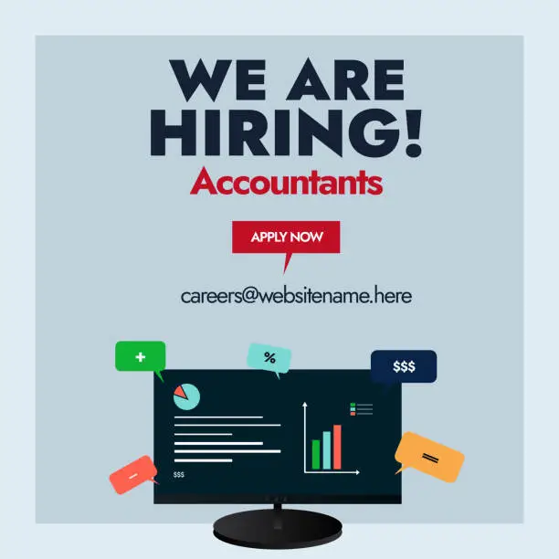 Vector illustration of We are hiring. We are hiring accountants. Accountants job vacancy announcement banner with computer screen having symbols of different charts. Job Hiring for accountants. Recruitment concept. Social media post for hiring an accountant in company or firm