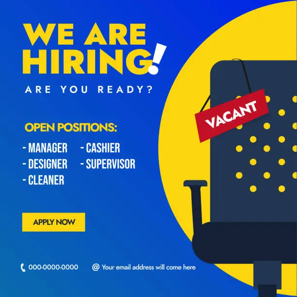 Vector illustration of We are hiring. We are hiring announcement banner with an empty office chair with vacant sign. Hiring banner with different job positions of manager, cashier, designer, supervisor, cleaner. Recruiting.