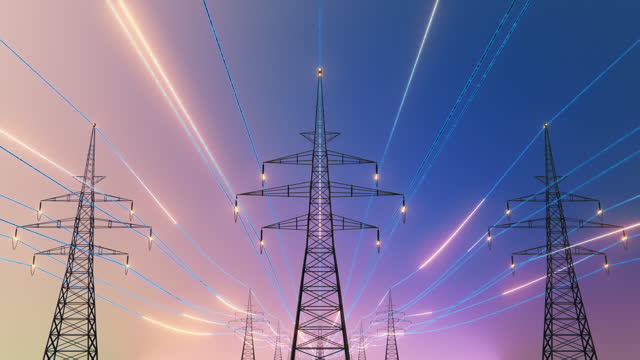 Power Transmission Lines with 3D Digital Visualization of Electricity. Blue Skay and Clean Unpolluted Air for the Future. Concept of Renewable Green Clean Energy Leading to Bright Future and Optimism