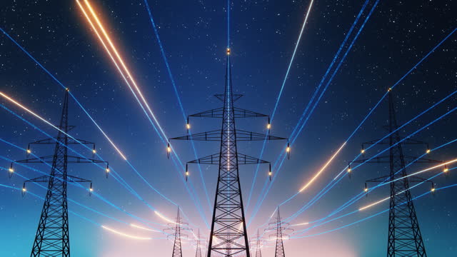 Power Transmission Lines with 3D Digital Visualization of Electricity. Fantastiuc Visuals of Night Sky Full of Bright Stars. Concept of Renewable Green Energy Powering Human Progress Everywhere