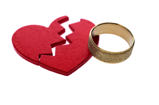 Wedding ring with broken heart on white background