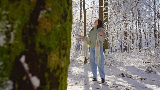 SLO MO Cheerful Young Woman with Arms Out Enjoying Snowfall From Trees in Forest on Sunny Day