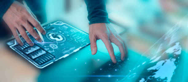 DevSecOps Software development cycle programming ai concept man working on virtual tech diagram computer laptop and tech icons in agile methodology environment coder or sysadmin working with system devsecops ciclo de desarrollo de software programación, concepto de ia, hombre que trabaja en diagrama de tecnología virtual, computadora, computadora portátil e íconos tecnológicos en metodología ágil, codificador de entorno o administrador de sist