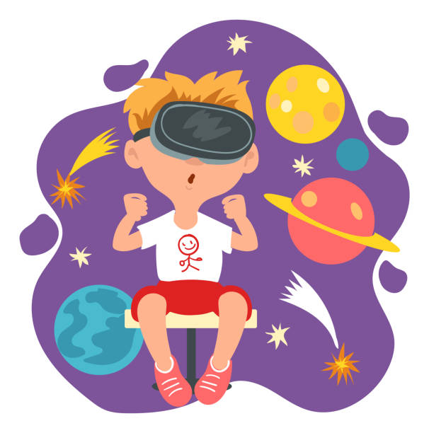 istock Kids virtual reality. Happy boy with VR glasses. Child looking at planets and comets. Innovation augmented technology. Cyberspace simulation device. Futuristic education. Vector concept 1972565408