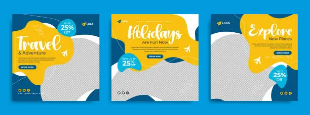 Vector illustration of Social media post template for travel and tour business promotion with agency logo and icon