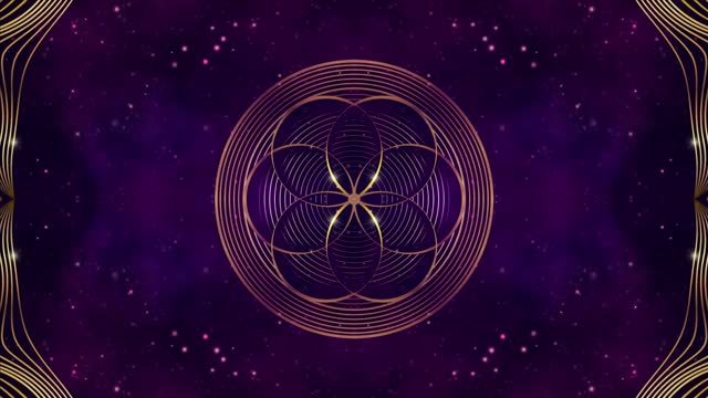 Video animation gold shiny Flower of Life in motion. Golden Frame. Sacred geometry in the moving galaxy, starry background. Model for TV show, intro, movie, stage design. Purple universe cosmic space