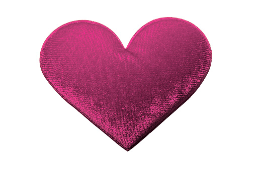 Pink suede fabric heart-shaped patch on white background with clipping path