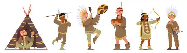 Vector illustration of Children Adorn Indigenous Costumes, Vibrant With Cultural Patterns And Symbols. Little Characters Embrace Tradition