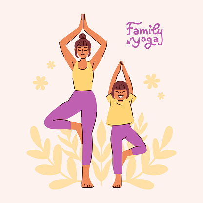 Young woman and her daughter doing yoga. Family spending time together. Mother accompanies child in stretching. Flat vector illustration in minimalist style for card, website, social media, or print.