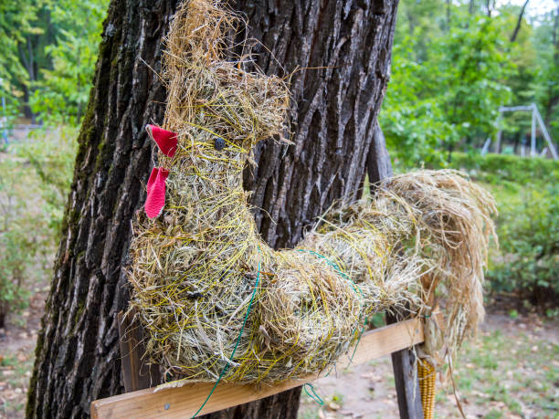 Figure of a chicken made from dry grass.