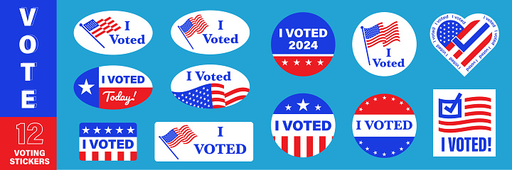 I voted stickers set with american flag. Voter badge. USA election campaign pins.