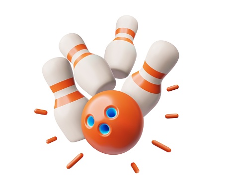 Bowling ball strike hit falling pin skittles. 3D bowling play target, winning movement vector concept. Bowling ball crashing into the pins. Realistic Bowl game sport competition