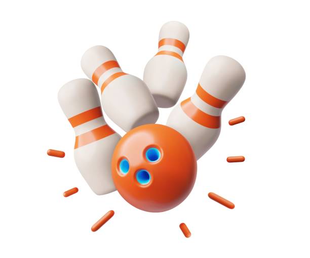 Bowling ball strike hit falling pin skittles, 3D bowling play target, winning movement vector concept, realistic game Bowling ball strike hit falling pin skittles. 3D bowling play target, winning movement vector concept. Bowling ball crashing into the pins. Realistic Bowl game sport competition bowling strike stock illustrations