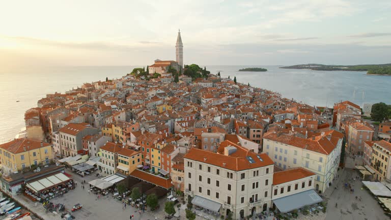 Aerial view of the Rovinj old town at sunset, Adriatic sea, Istria, Croatia