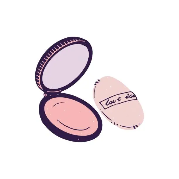 Vector illustration of Round powder packaging with sponge. Open compacts, cute blush. Beauty accessory. Professional visage supplies. Decorative cosmetics for makeup. Flat isolated vector illustration on white background